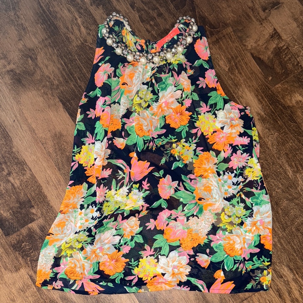 Lulumari Floral Beaded Top - Black, Orange, Green